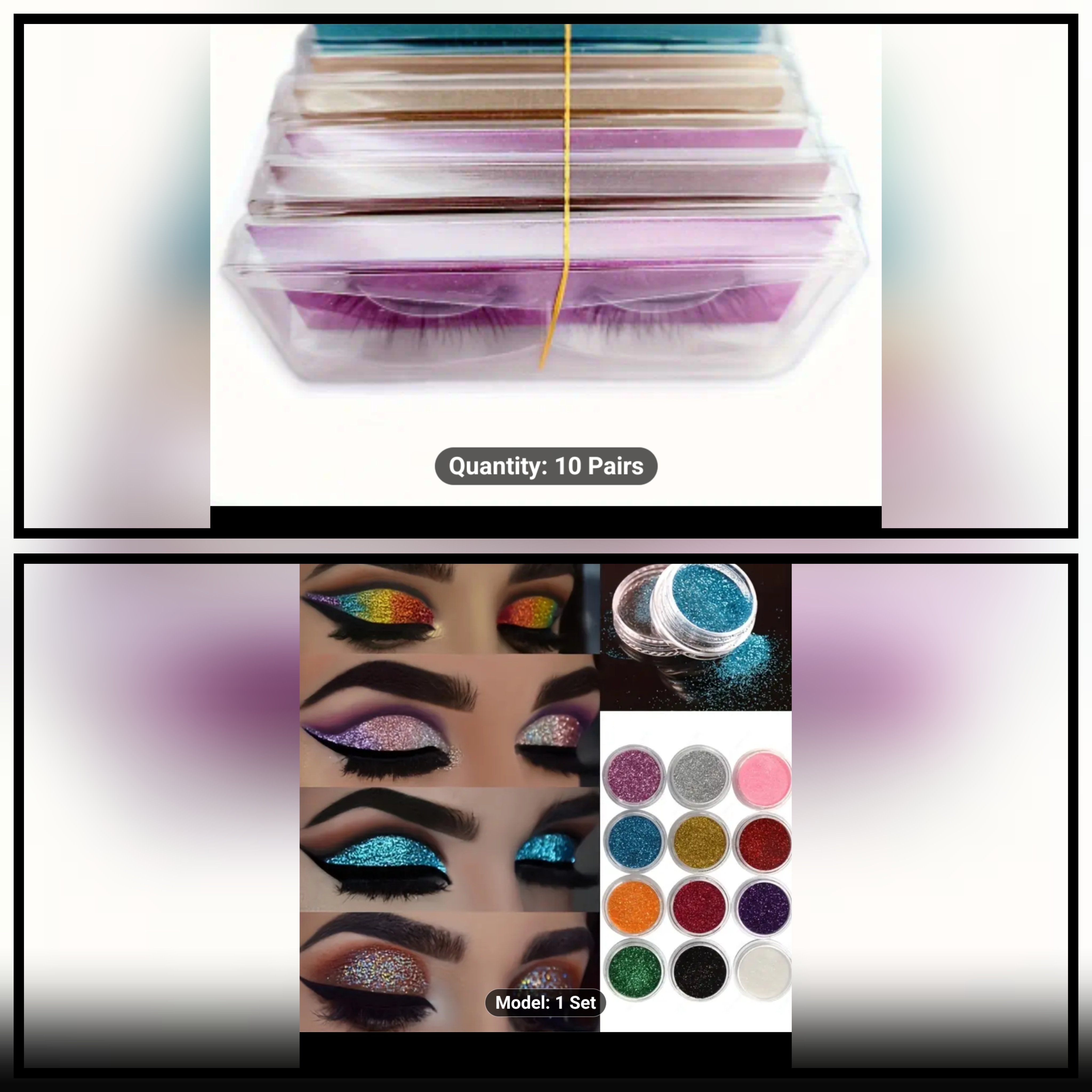 Combo eyelashes glitter shimmer eyeshadow 