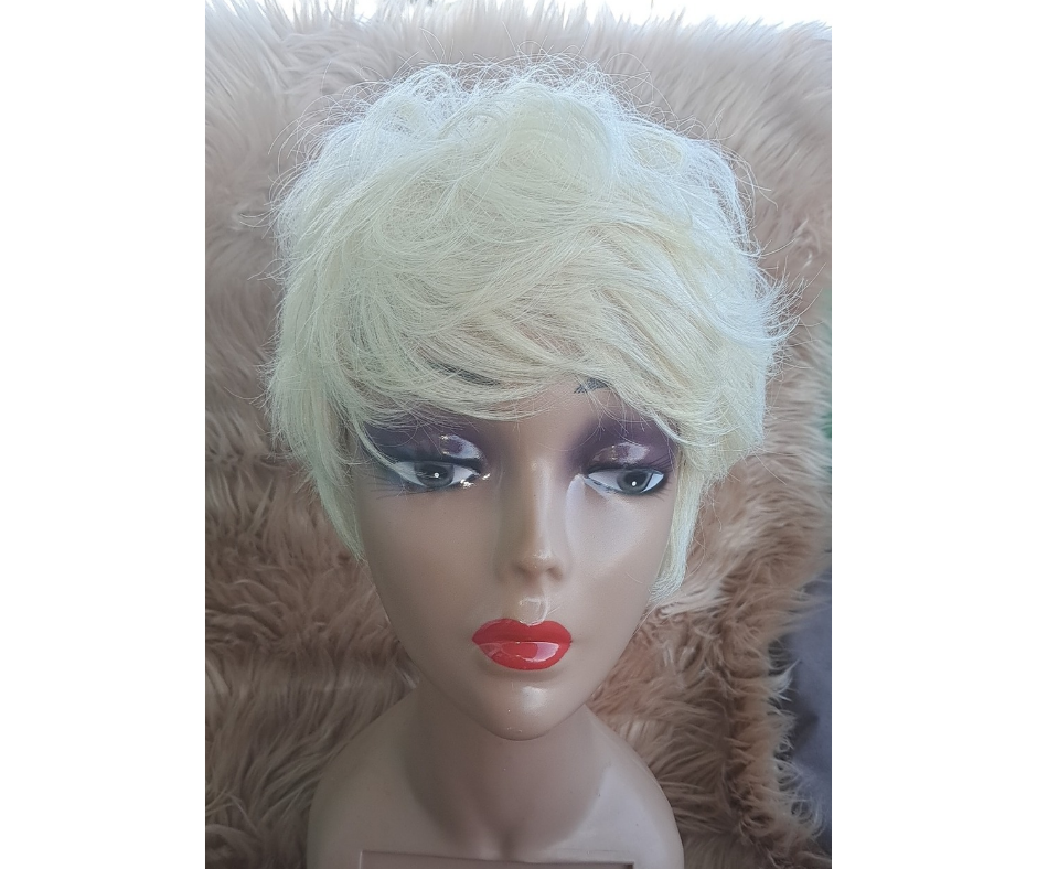 Short human blonde wig.