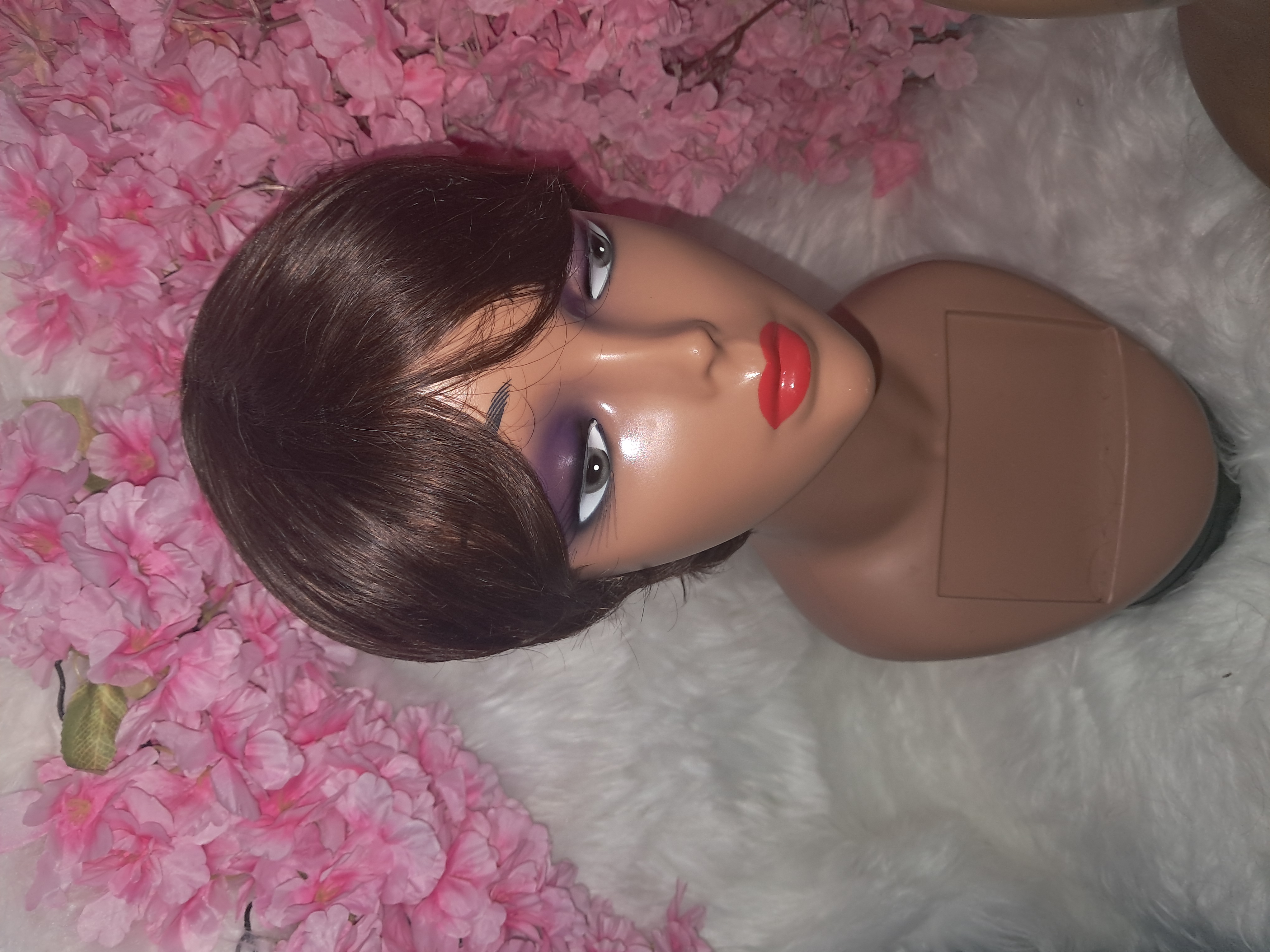 Short pixie cut human hair wig brown color  view 2