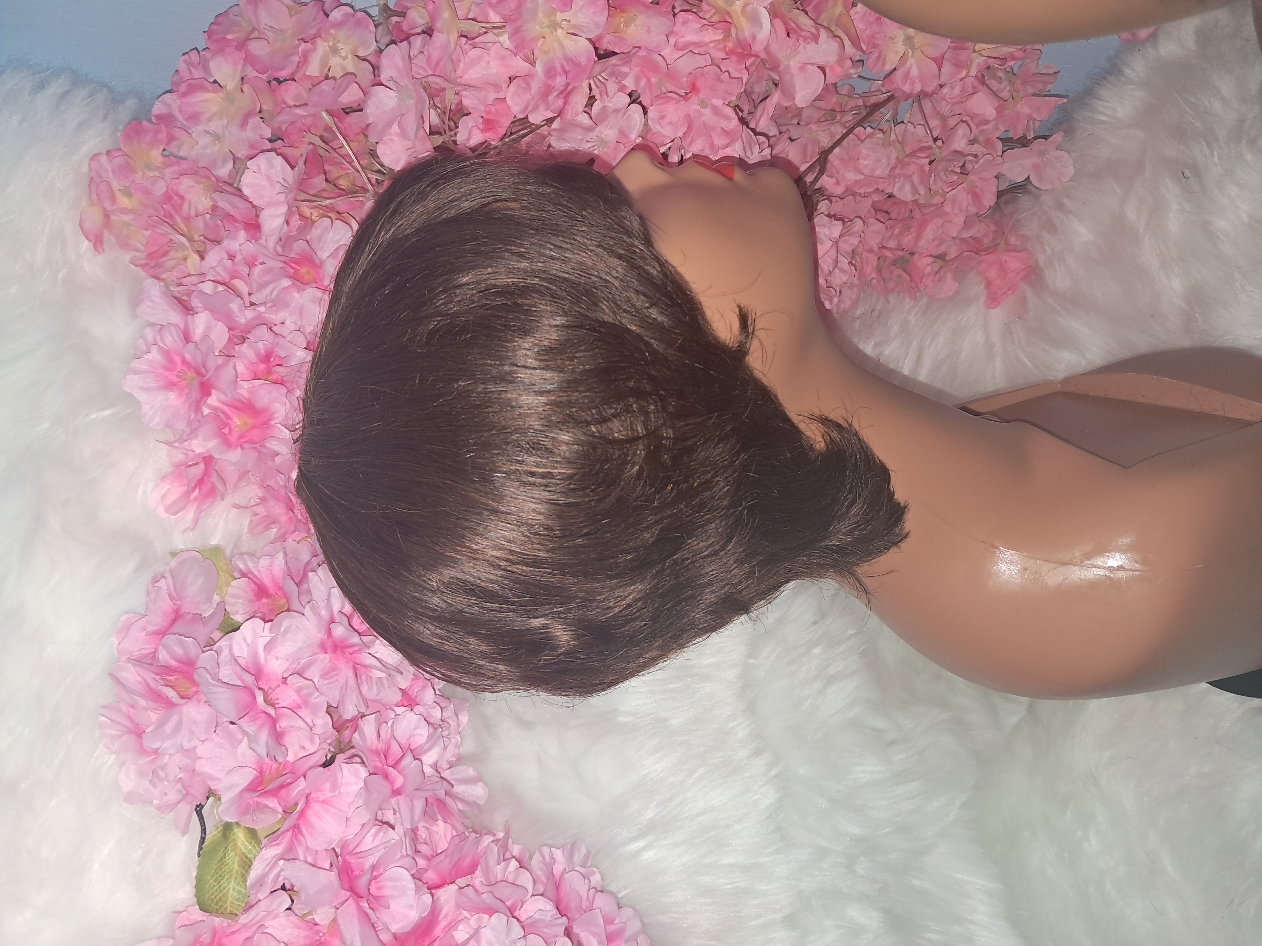 Short pixie cut human hair wig brown color  view 4