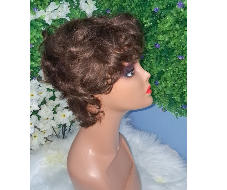 Short pixie cut human hair wig brown color  view 2
