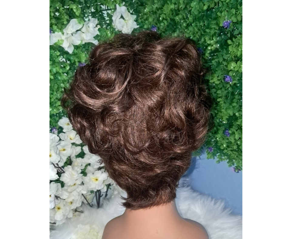 Short pixie cut human hair wig brown color  view 3