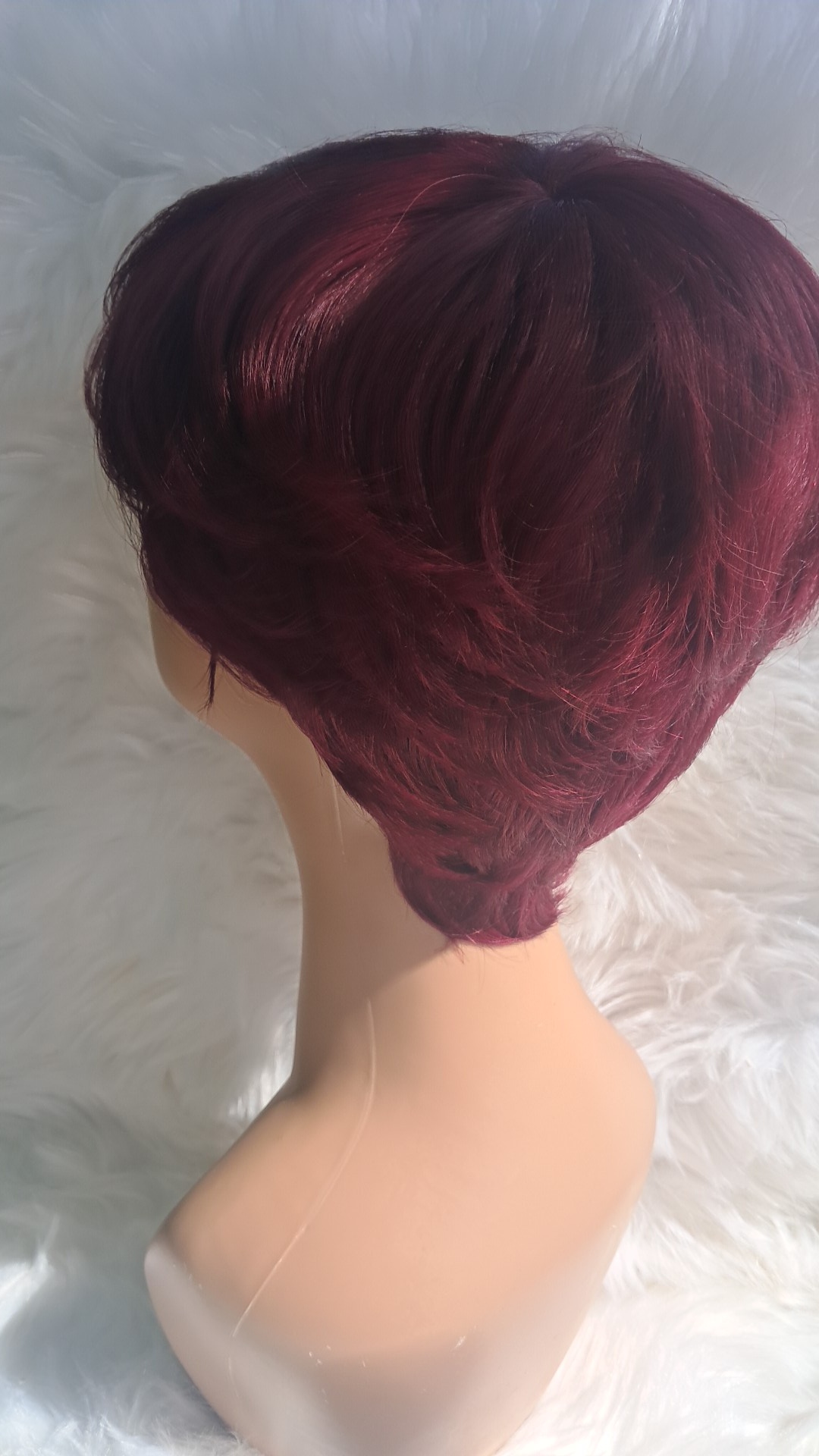 Human hair short pixie wig burgundy  view 2