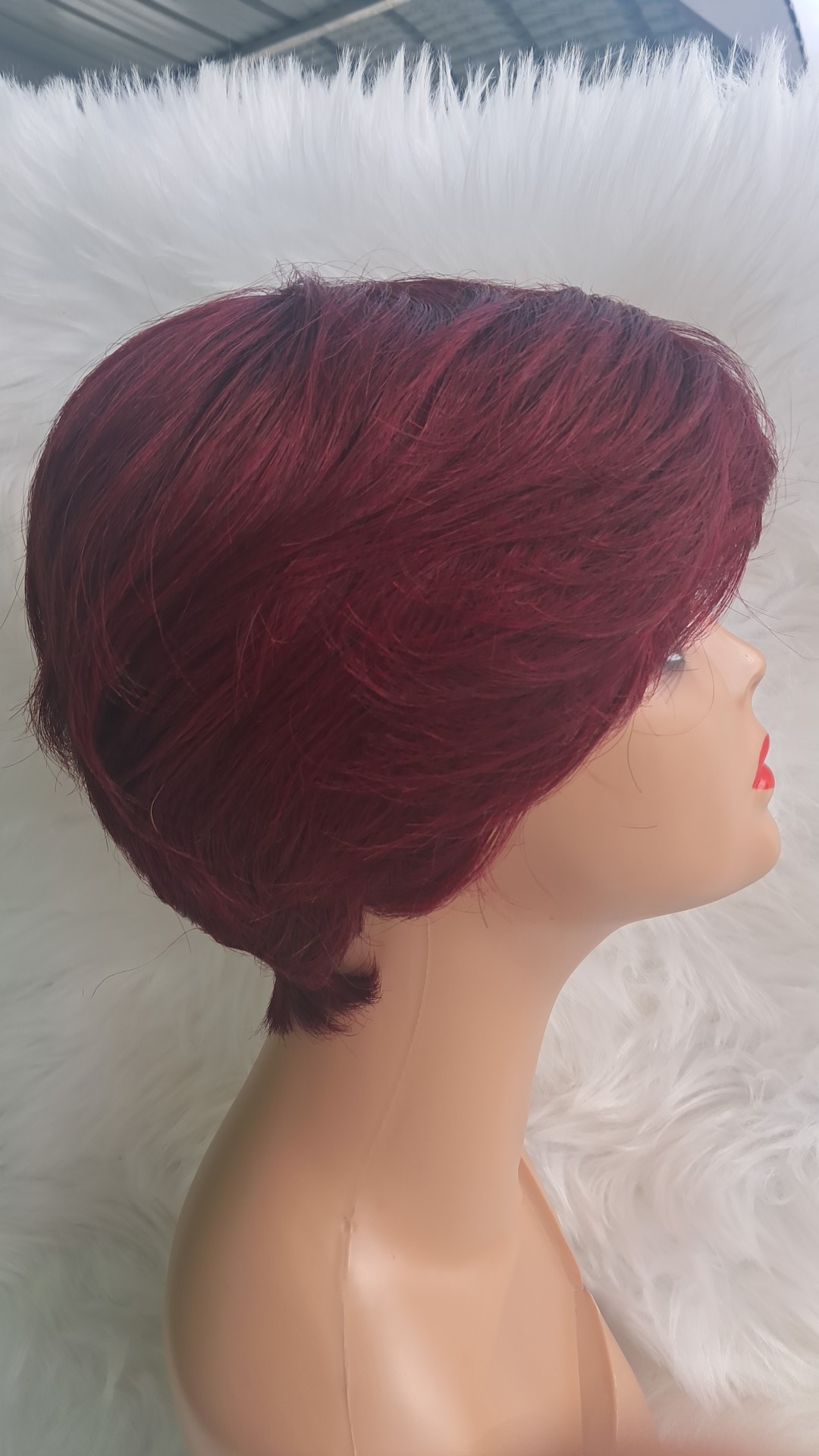 Human hair short pixie wig burgundy  view 4