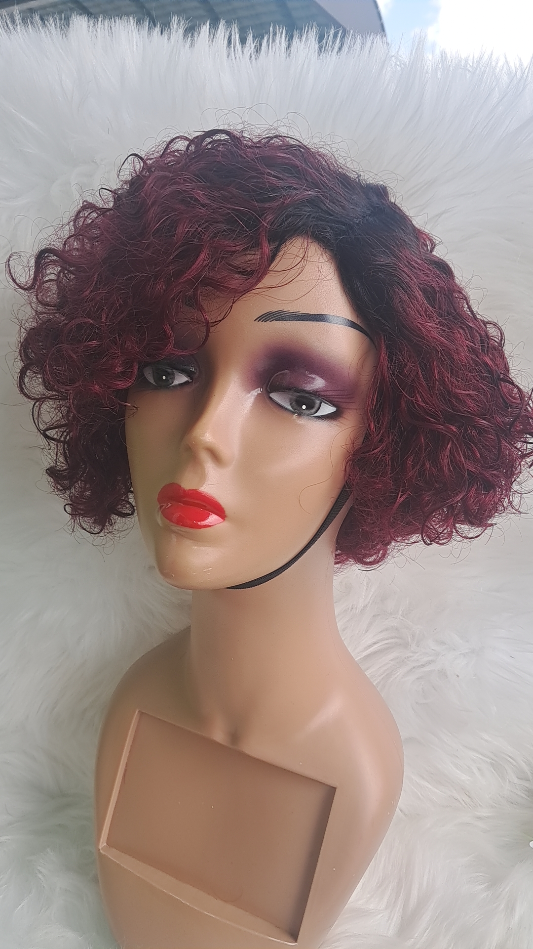 Burgundy 99J & 1b short curly pixie human hair view 3